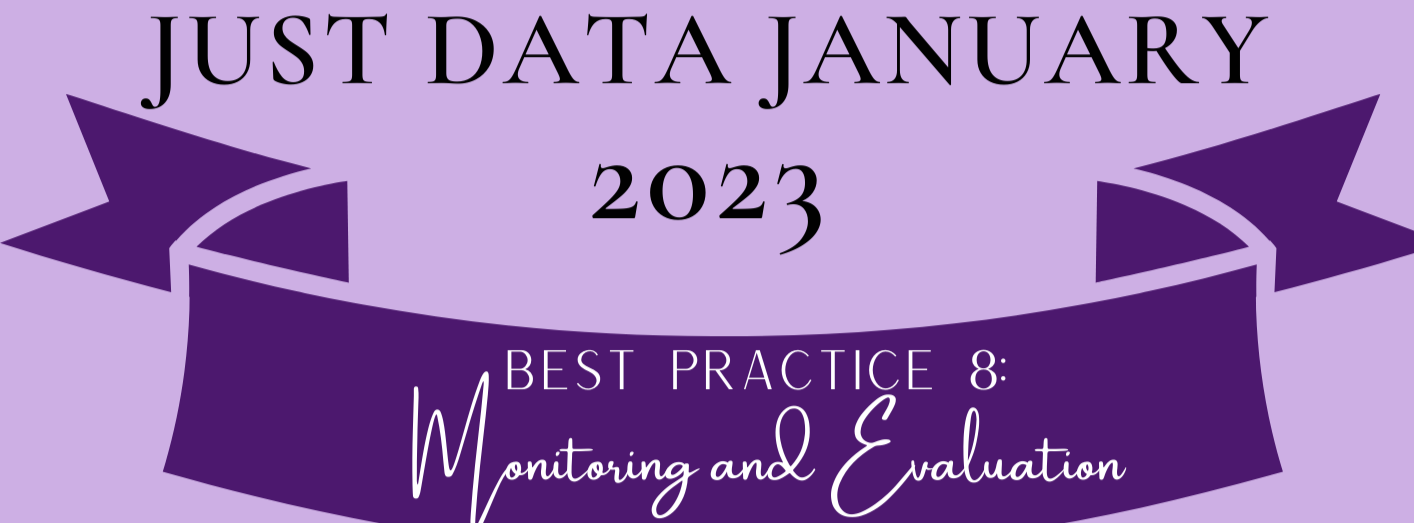 Purple Banner reading "Just Data January 2023, Best Practice 8 Monitoring and Evaluation"
